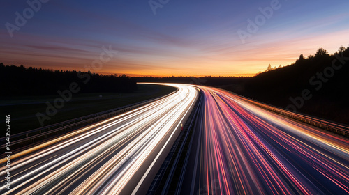 Empty highway with vibrant light trails under a warm dusk sky, capturing the essence of motion and solitude