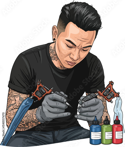 A detailed vector illustration of a male tattoo artist with a fade haircut and visible neck and arm tattoos, wearing a black t-shirt and gloves, intensely focused