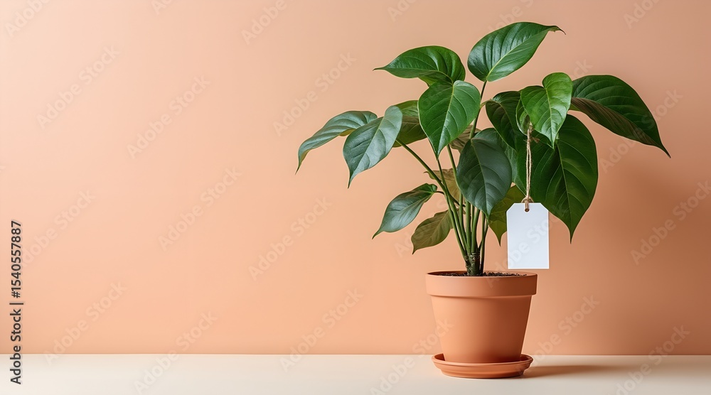 Fototapeta premium Houseplant in terracotta pot with blank tag