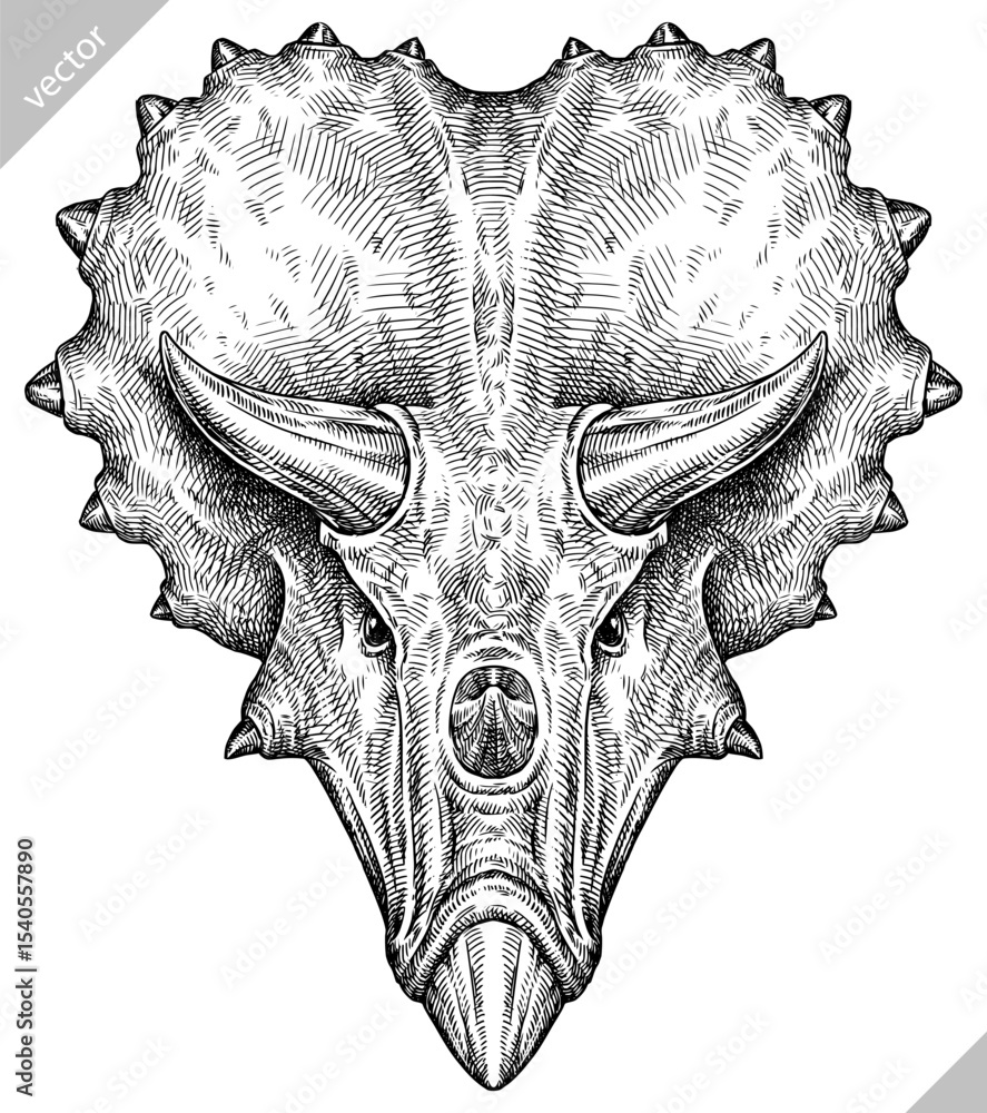 Naklejka premium Vintage engraving isolated Triceratops set illustration reptile ink sketch. Dinosaur background silhouette Jurassic art. Black and white hand drawn vector image