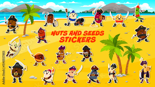 Cartoon nut pirate and corsair characters stickers pack. Vector fun seeds dressed as swashbuckling adventurers, equipped with swords, pistols and filibuster hats, hunting treasure on tropical island