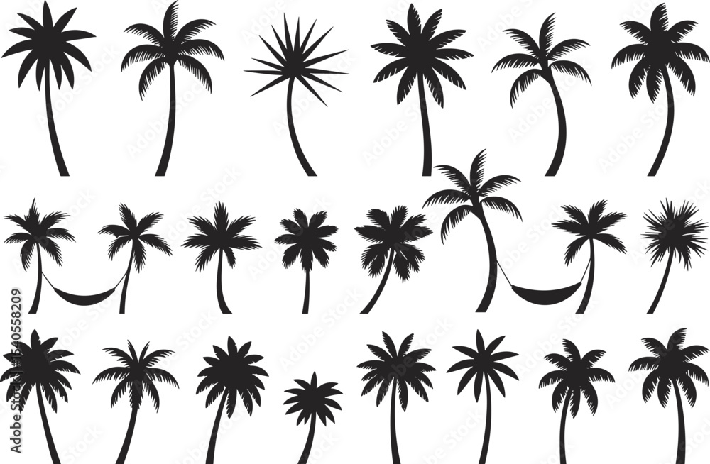 Collection of Tropical Palm Tree Silhouettes in Various Shapes and Styles, Perfect for Summer Vacation Designs, Beach Themes, and Exotic Travel Graphics Collection of Tropical Palm Tree Silhouettes in Various Shapes and Styles, Perfect for Summer Vacation Designs, Beach Themes, and Exotic Travel Graphics