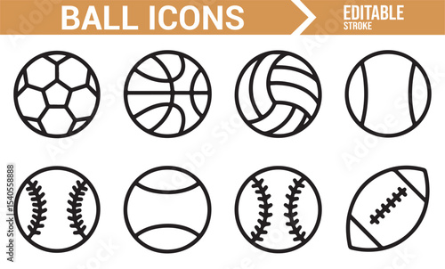 Clean Line Art of Different Sports Balls: Soccer, Volleyball, Football, Baseball Icons
