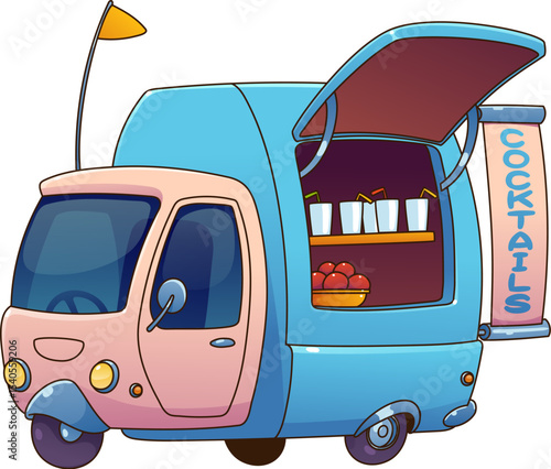 Food truck car with cocktails or street food van of mobile cafe, vector cartoon kiosk. Street food truck or booth with cocktail drinks and beverages, fast food vendor van or festival market truck cart