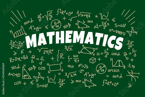 Math symbols and formulas on school board background, vector education. Mathematics science with sketch chalk algebra equations, geometry shapes, theorems and trigonometry graphs