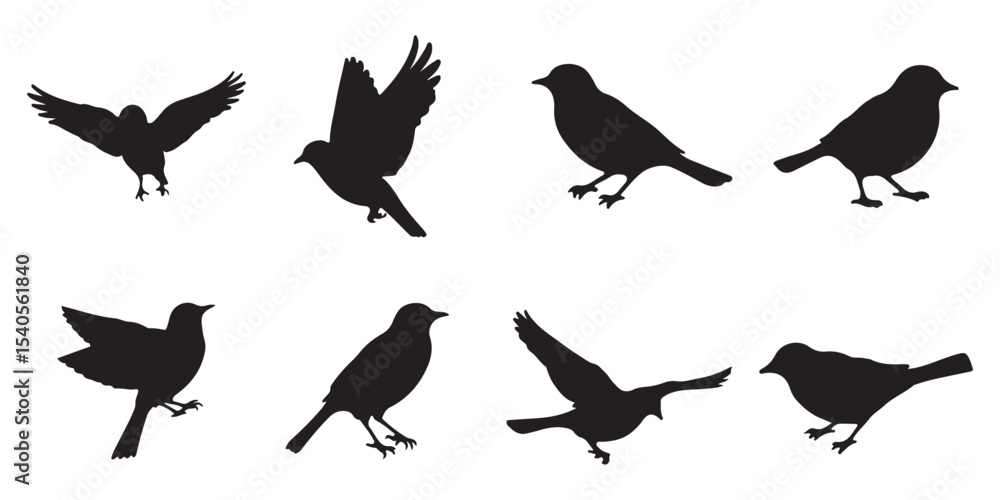 Fototapeta premium Set of silhouettes of flying birds in a flat style on a white background. Elegant vector bird logo. 