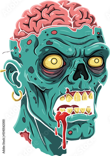 Horrifying Zombie Head with Exposed Brain and Dripping Blood - Terrifying Undead Monster Illustration for Halloween and Horror Designs, Perfect for Spooky Graphics and Merchandise