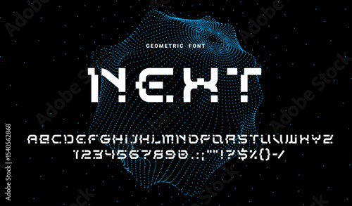 Modern geometric font, abstract tech type, futuristic typeface. Techno alphabet. Geometric typeset numeral and punctuation symbols, modern English ABC vector figures and numbers or alphabet letters