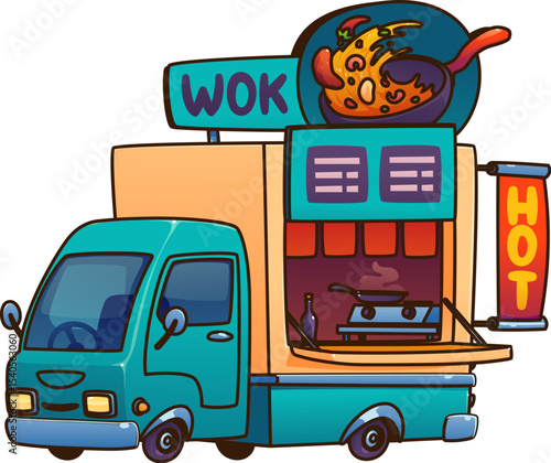 Cartoon wok food truck car, festival street foodtruck van, vintage festival catering mobile booth features giant takeout noodle box with chopsticks on top. Vector retro cafe represents Asian cuisine