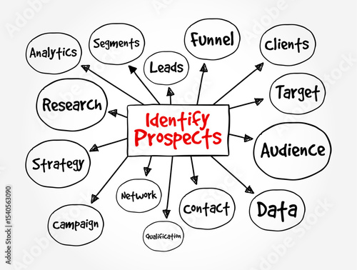 Identify Prospects - searching for potential customers and deciding whether they have the ability and desire to make a purchase, text concept mind map