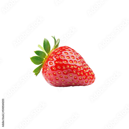 Single Strawberry: A vibrant, ripe strawberry, glistening with juice, sits on a plain background, showcasing its rich red color and delicate green calyx.