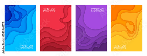 Color shape paper cut wave background posters. Vector 3d origami art craft abstract geometric pattern with wavy paper cut layers. Cutout blue, yellow, red and purple color wave shapes banners set