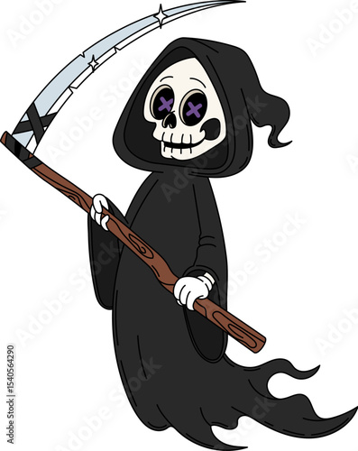 Cartoon groovy Grim Reaper Halloween character holding a scythe. Isolated vector cute and spooky death figure retro y2k personage with a skull face and glowing eyes, wearing black hooded gothic robe