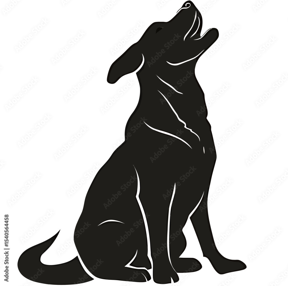 Obraz premium Stylized black silhouette of a sitting dog howling against a plain background.