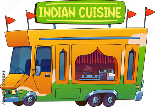Food truck or Indian cuisine street food car van, cartoon vector mobile kiosk. Indian curry meals truck or street food booth of summer festival park and street food market vendor trade stall