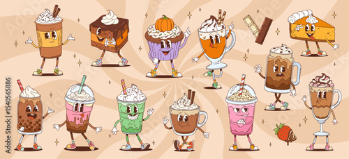 Retro hippie dessert characters of cartoon coffee cups and pastry food. Vector psychedelic y2k chocolate cake, tea and coffee sweet drinks with cream. Cute groovy muffin, pie, cappuccino and cupcake