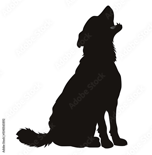 Silhouette of a dog howling against a plain background.