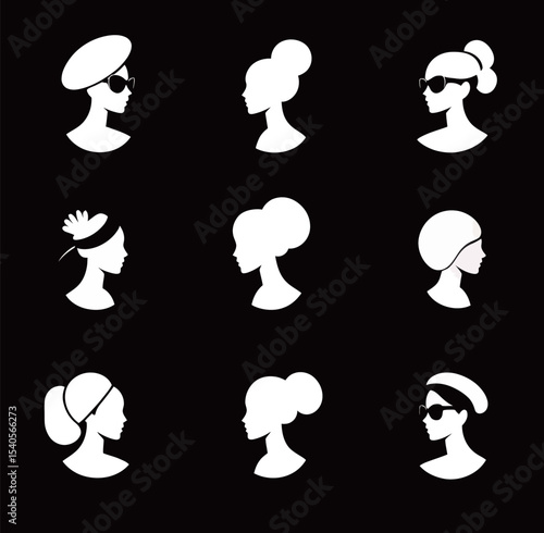 Silhouettes of fashionable women with diverse hairstyles and accessories on a dark background.