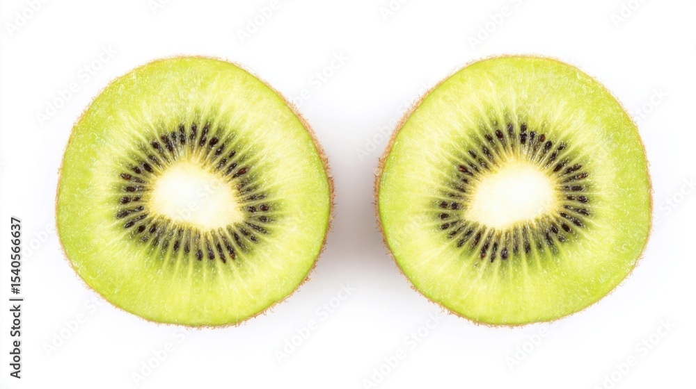 Fototapeta premium Fresh kiwi fruit slices with vibrant green flesh, black seeds, and fuzzy brown peel against a stark white background, showcasing juicy texture and natural freshness.
