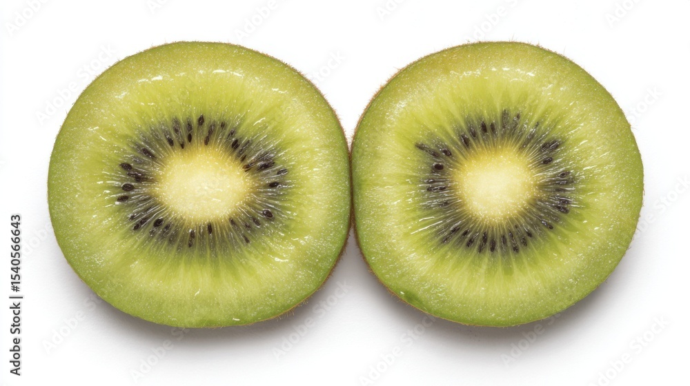 Fototapeta premium Fresh kiwi fruit slices with vibrant green flesh, black seeds, and fuzzy brown peel against a stark white background, showcasing juicy texture and natural freshness.