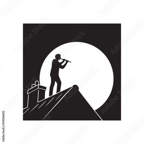 WebSilhouette of Musician Playing Flute on Rooftop Under Full Moon – Peaceful Night Vector Art