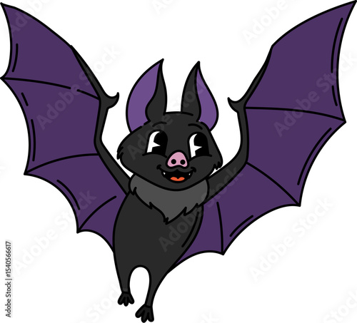 Groovy Halloween bat with funny face for cartoon character on horror night holiday, vector symbol. Groovy witch bat or spooky vampire monster with funky smile for Halloween party boo character