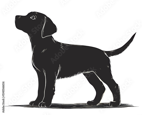 A curious black Labrador puppy looking up, showcasing innocence and playfulness.