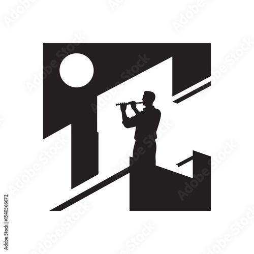 WebSilhouette of Musician Playing Flute on Rooftop Under Full Moon – Peaceful Night Vector Art