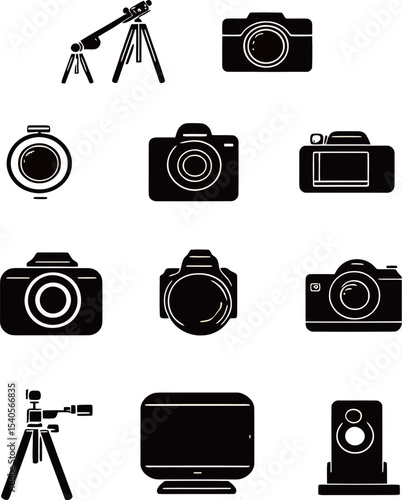 Various black silhouette icons of photography equipment and accessories