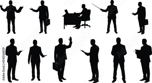 Businessman silhouette collection, office worker standing, pointing, reading, working, various poses, corporate character concept, professional scene, vector illustration