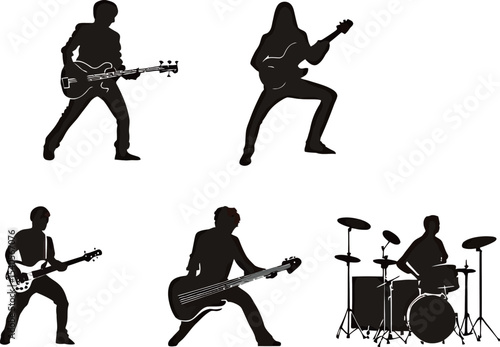 Silhouettes of a diverse rock band performing on stage.