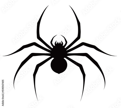 Silhouette of a black spider with extended legs on a white background.