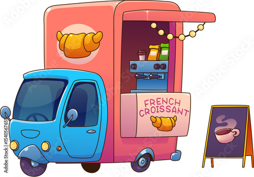 Food truck car serving French croissants and coffee, festival street foodtruck van featuring a coffee machine and signage. Cartoon vector mobile cafe vehicle offers breakfast, and freshly baked pastry