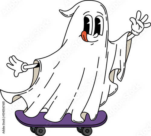 Cartoon groovy Halloween ghost character riding a skateboard, showing a cheerful expression with its tongue out. Isolated vector mischievous and grinning spook or phantom Retro y2k personage