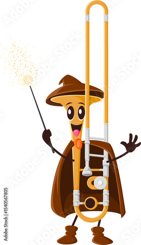Cartoon trumpet wizard or mage musical instrument character for Halloween holiday, vector personage. Funny trumpet in sorcerer mantle and warlock hat with magic wand for Halloween music character