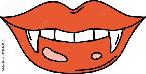 Cartoon groovy vampire lips with sharp fangs, Halloween symbol of gothic, fantasy and supernatural creatures, mystery, seduction and horror. Isolated vector spooky bloodsucker toothy mouth