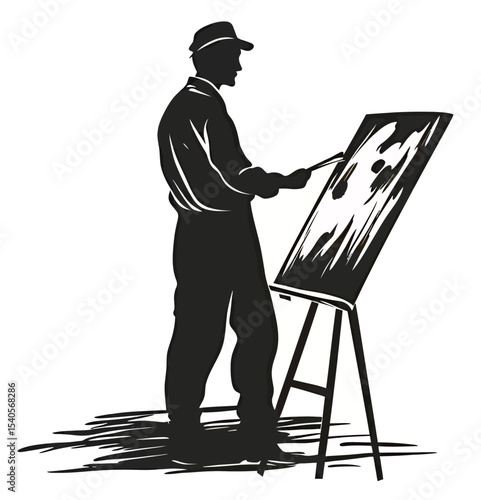 Silhouette of a male artist painting on an easel, creating abstract art.
