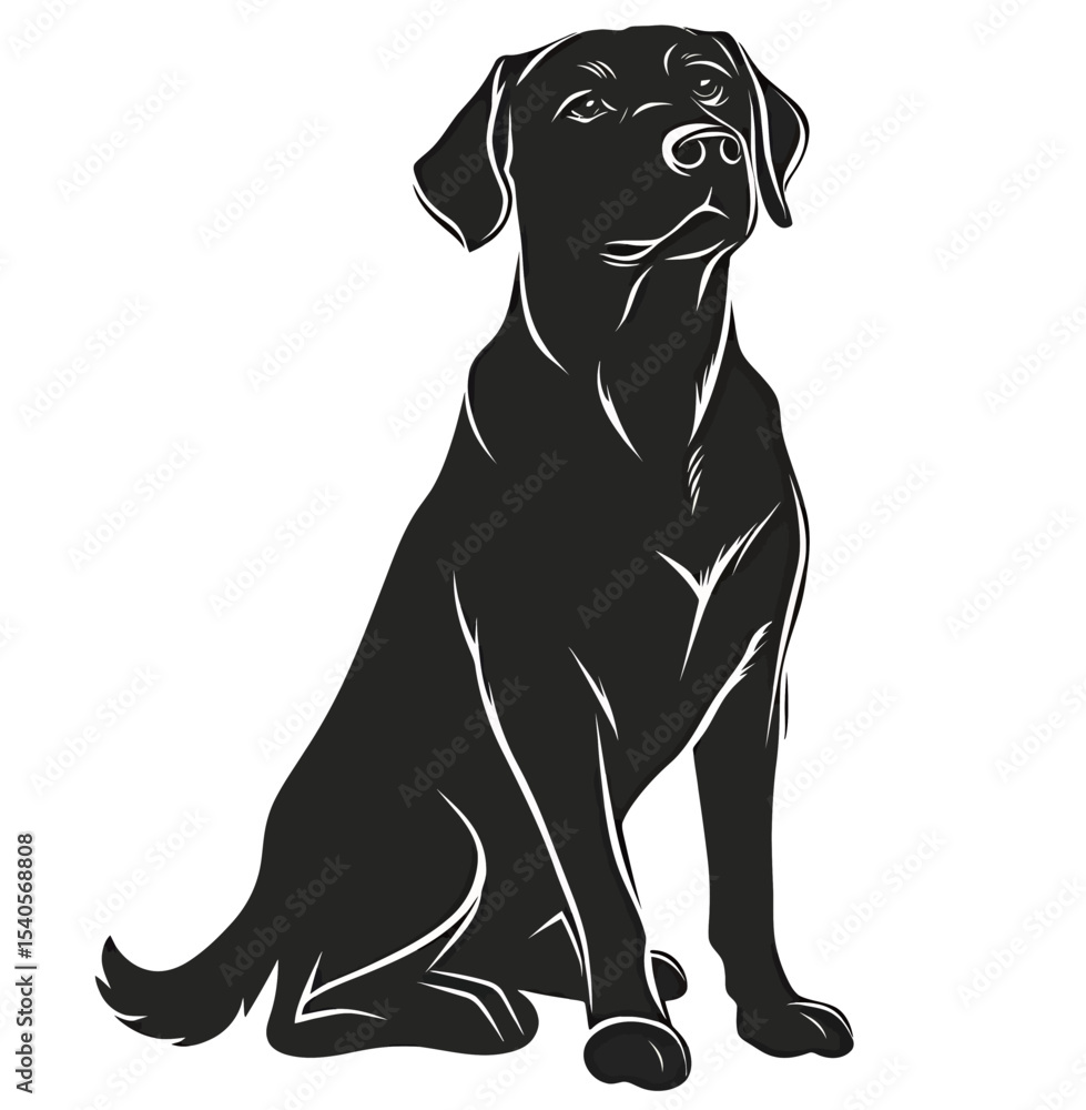 Fototapeta premium Sleek black Labrador Retriever sitting gracefully against a white background.