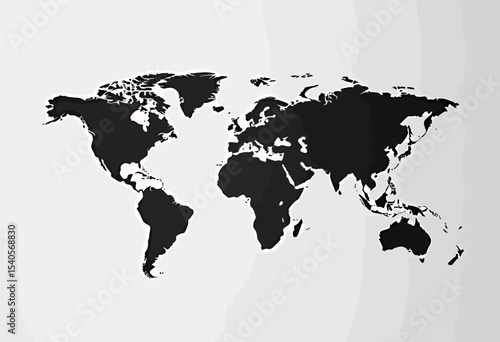 Stylized world map in black on a white background showcasing global geography.