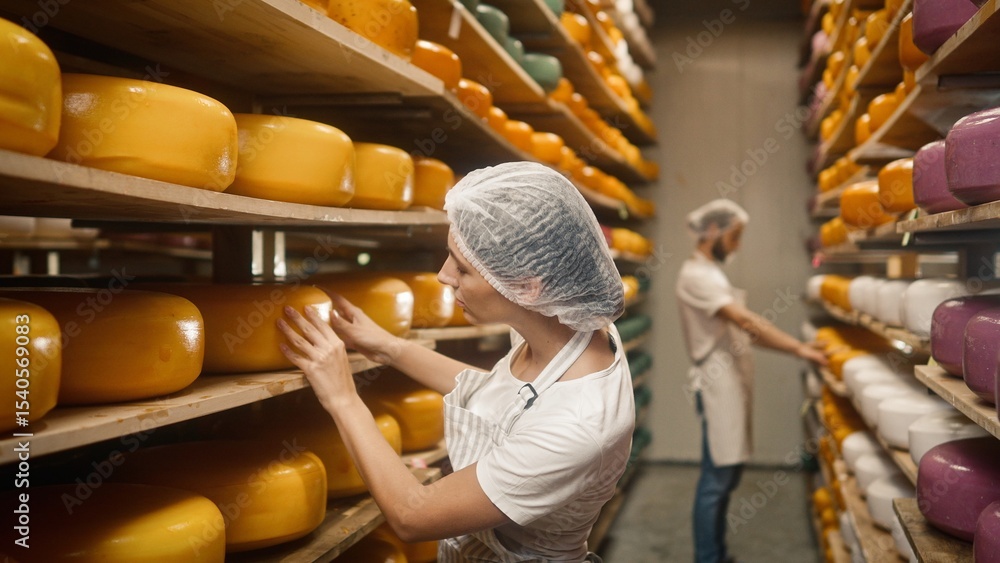 Obraz premium Pretty Caucasian woman checking product expiration date. Busy people moving wheels of cheese and finding imperfections. Working in production quality control. Concept of craft cheese making.