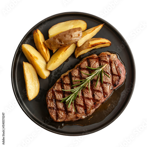 Juicy Grilled Steak Dinner with Crispy Potato Wedges a delicious overhead food photography