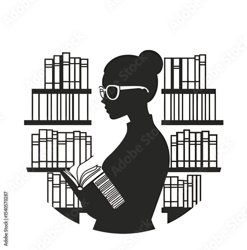 Silhouette of a woman reading amidst bookshelves, embodying knowledge and curiosity.