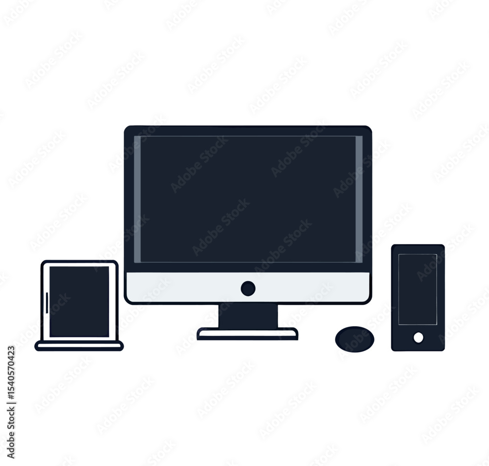 Stylish electronic devices: a desktop monitor, tablet, smartphone, and mouse. Stylish electronic devices: a desktop monitor, tablet, smartphone, and mouse.