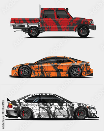 Three Unique Car Designs with Abstract Paint Splatter Wraps