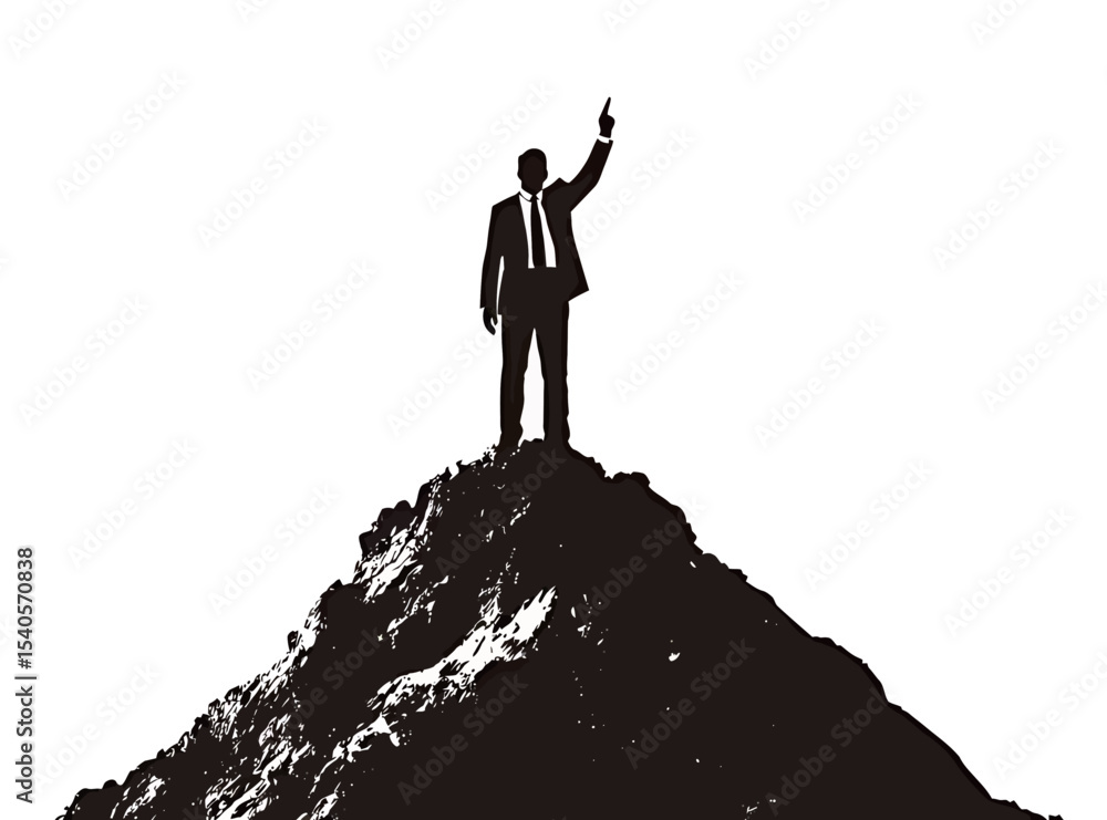 A determined man in a suit stands triumphantly atop a mound, symbolizing success. A determined man in a suit stands triumphantly atop a mound, symbolizing success.