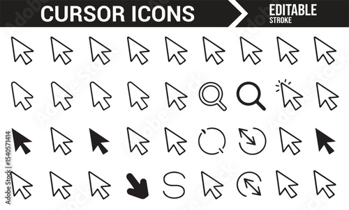Line Art Icons for Mouse Cursors: Various Pointer, Click, and Wait Styles