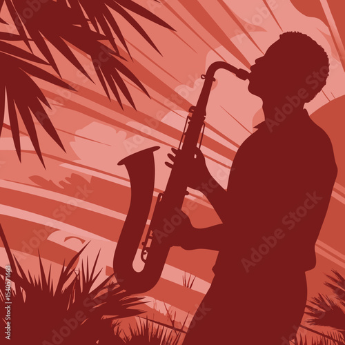 Silhouette of a Saxophonist Tropical Sunset Jazz Music Vector Illustration