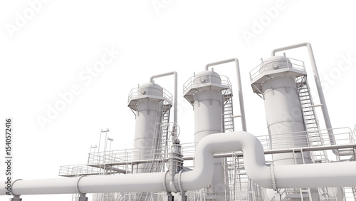 Photos Detailed white scale model of a petrochemical plant, rendered in a single-tone monochrome palette