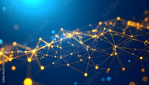 Clean 3D plexus network with glowing gold lines and interconnected nodes set against a professional blue background. A bright, minimalist corporate design for data visualization and tech presentations