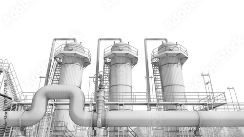 Wireframe model of gas compressor station isolated transparent background. Gas station play a crucial role in distributing and transporting natural gas. 3D illustration